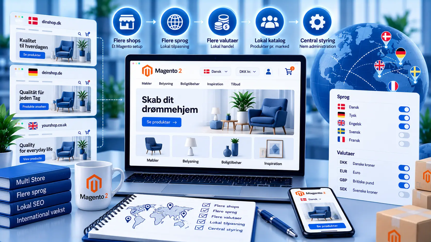 Multishop og flere sprog i Magento: websites, butikker og store views